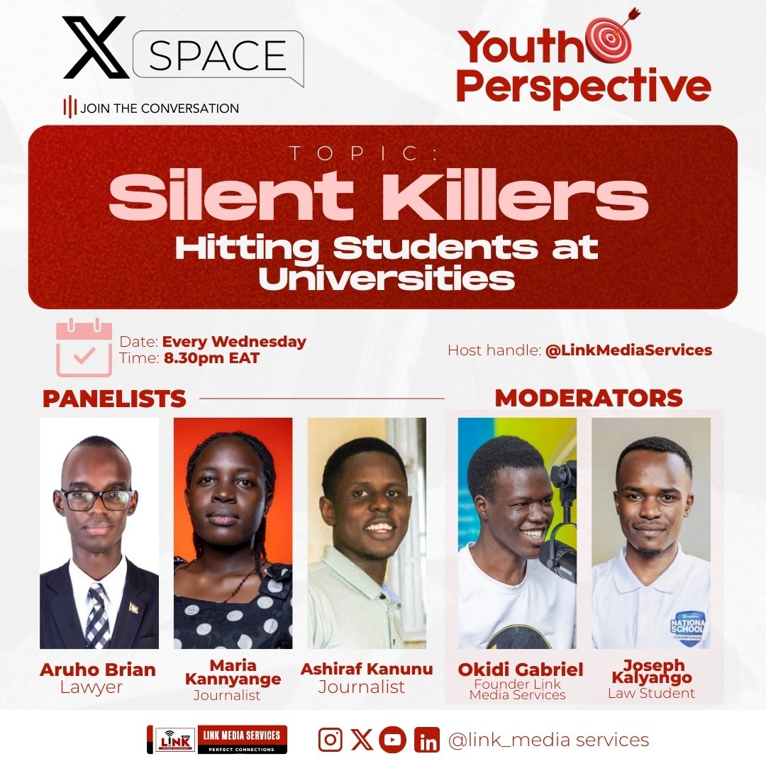 Link Media Services (@linkmediauganda) on Twitter photo Silent Killers Hitting University Students at University.
We are set for a meaningful conversation today.
Join us on a live space at 8:30pm.
Meet great panelists today:
<a href="/Mr_Aruho/">ARUHO BRIAN</a>
<a href="/jacintakanyange/">Maria Jacinta Kannyange</a>
<a href="/AshirafHector16/">Ashiraf Hector</a>
Host:
<a href="/Okidi_Gabi_Ron/">Okidi</a> &
<a href="/J0S34k/">JOSEPH._K</a> Silent Killers Hitting University Students at University.
We are set for a meaningful conversation today.
Join us on a live space at 8:30pm.
Meet great panelists today:
<a href="/Mr_Aruho/">ARUHO BRIAN</a>
<a href="/jacintakanyange/">Maria Jacinta Kannyange</a>
<a href="/AshirafHector16/">Ashiraf Hector</a>
Host:
<a href="/Okidi_Gabi_Ron/">Okidi</a> &
<a href="/J0S34k/">JOSEPH._K</a>
