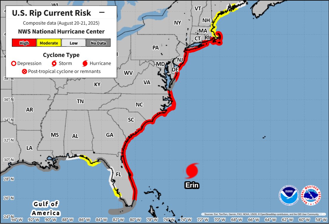 There is a high risk of rip currents from today and on Thursday for most U.S. east coast beaches from South Florida to Massachusetts due to Hurricane #Erin.

Beachgoers are urged to follow information from lifeguards, local authorities, and beach warning flags.  The best advice?