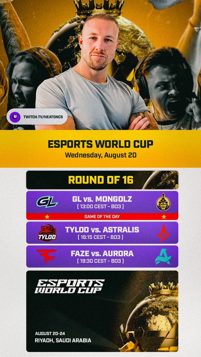 Emil Christensen (@real_heaton) on Twitter photo EWC starts today and I couldn't be more excited! See you on stream for golden Counter-Strike 🏆
⭐️ Match of the day: <a href="/GamerLegion/">GamerLegion</a> vs. <a href="/1mongolz/">The MongolZ</a>
📺 Live 13:00 CEST: Twitch.tv/HeatoNCS
#EWC2025 EWC starts today and I couldn't be more excited! See you on stream for golden Counter-Strike 🏆
⭐️ Match of the day: <a href="/GamerLegion/">GamerLegion</a> vs. <a href="/1mongolz/">The MongolZ</a>
📺 Live 13:00 CEST: Twitch.tv/HeatoNCS
#EWC2025