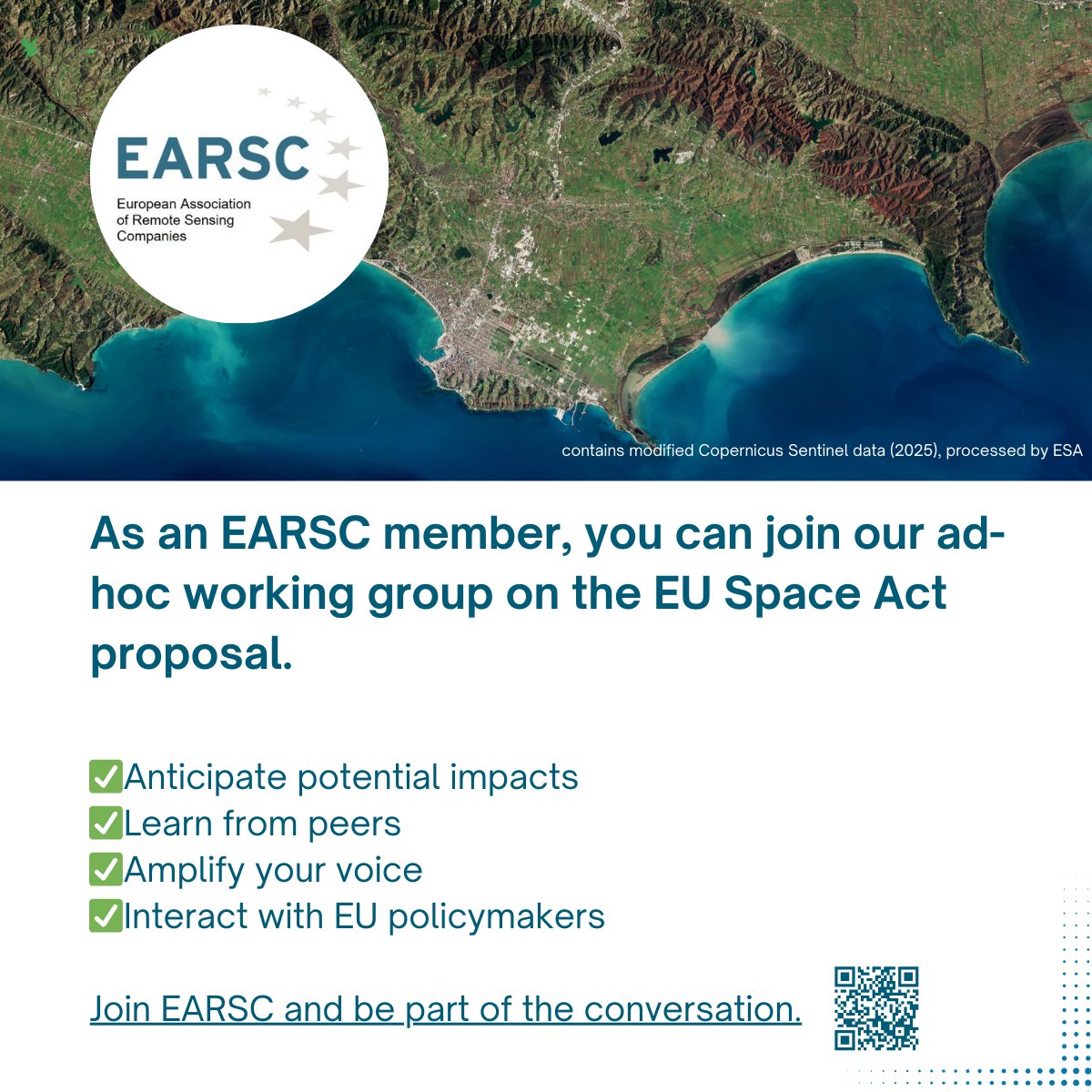 📜 The EU Space Act may impact EO businesses across Europe.

 As an EARSC member, you get access to our ad-hoc working group to anticipate changes, exchange with peers &amp; engage in the debate.

Join us ➡️earsc.org/become-a-membe…