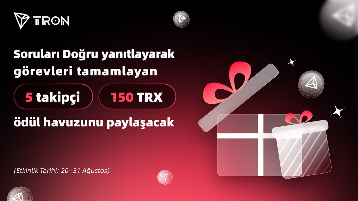 TRON DAO Türkiye (@trondao_turkish) on Twitter photo 🚀 Ağustos’a #TRONQuiz’le veda ediyoruz!
🎁 Ödül: 150 #TRX
🏆 Kazanan: Çekilişle 5 kişi
🗓️ Tarih: 20–31 Ağustos
🪙 Not: Ödül için L3 onaylı #HTX hesabı gereklidir
✅ Katılım için:
1️⃣ <a href="/TronDao_Turkish/">TRON DAO Türkiye</a> hesabını takip et
2️⃣ Bu gönderiyi beğen & kendi sayfanda paylaş
3️⃣ 🚀 Ağustos’a #TRONQuiz’le veda ediyoruz!
🎁 Ödül: 150 #TRX
🏆 Kazanan: Çekilişle 5 kişi
🗓️ Tarih: 20–31 Ağustos
🪙 Not: Ödül için L3 onaylı #HTX hesabı gereklidir
✅ Katılım için:
1️⃣ <a href="/TronDao_Turkish/">TRON DAO Türkiye</a> hesabını takip et
2️⃣ Bu gönderiyi beğen & kendi sayfanda paylaş
3️⃣