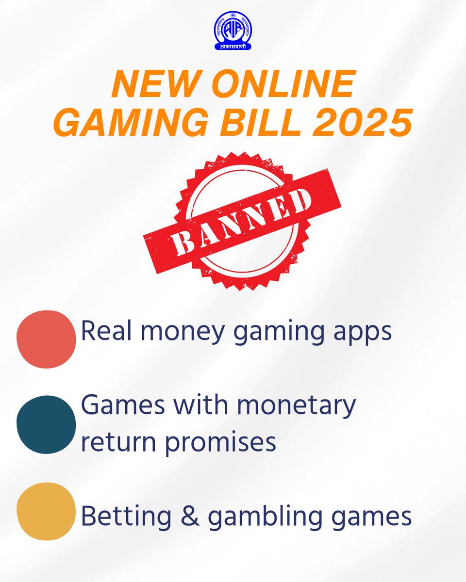 What's banned in #OnlineGamingBill 2025?

Let's find out!

#ResponsibleOnlineGaming 

<a href="/MIB_India/">Ministry of Information and Broadcasting</a> <a href="/GoI_MeitY/">Ministry of Electronics & IT</a> <a href="/PIB_India/">PIB India</a> <a href="/DDNewslive/">DD News</a> <a href="/airnewsalerts/">All India Radio News</a>