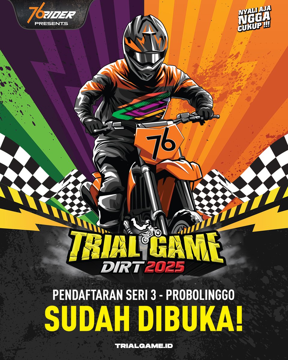 Pendaftaran Rider untuk kompetisi  76 Trial Game Dirt 2025 - Seri 3 Probolinggo SUDAH DIBUKA‼️ 

Klik sekarang juga di trialgame.id/daftar dan ikuti langkah selanjutnya, sampai jumpa di gerbang start! 👋

Info Lengkap Klik trialgame.id 

#TrialGameID