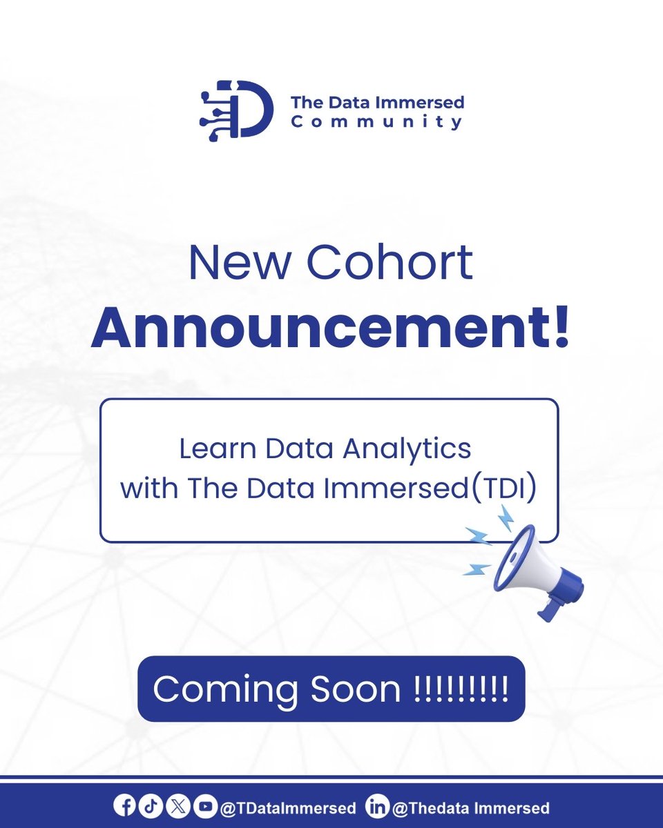 TDataImmersed's tweet image. A new journey begins!
Learn Data Analytics with The Data Immersed (TDI)
โจ New Cohort loading... Coming Soon!
#TheDataImmersed #TDI #LearnDataAnalytics #NewCohort