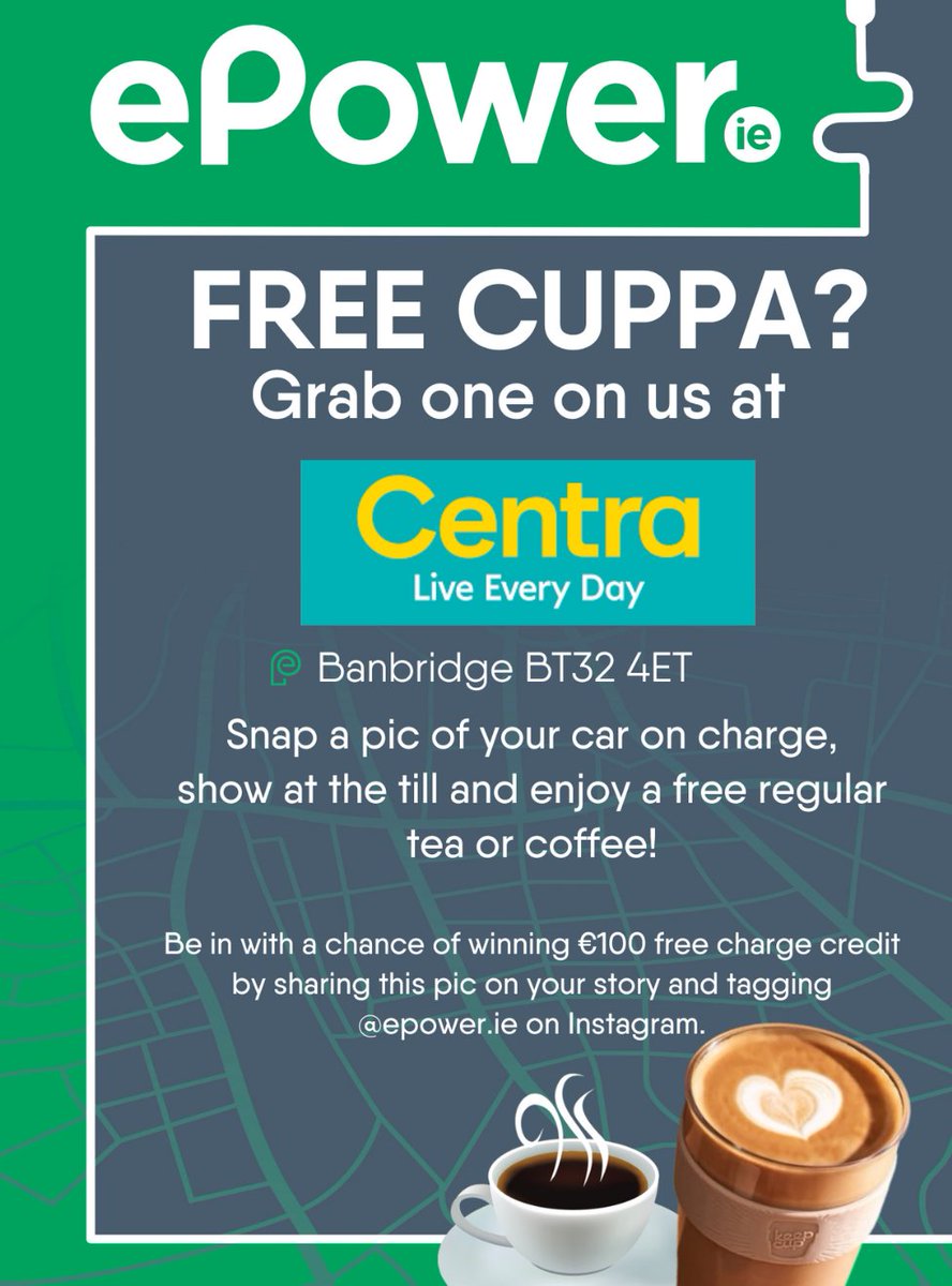 ePowerIreland's tweet image. Plug in at Centra A1, Banbridge and grab a free tea or coffee while you recharge! 😍⚡

👉 This new dual socket 150kW fast charger is located at BT32 4ET.

#fastcharging #evcharging #epower #centra #evchargingnetwork #evdrivers #evireland