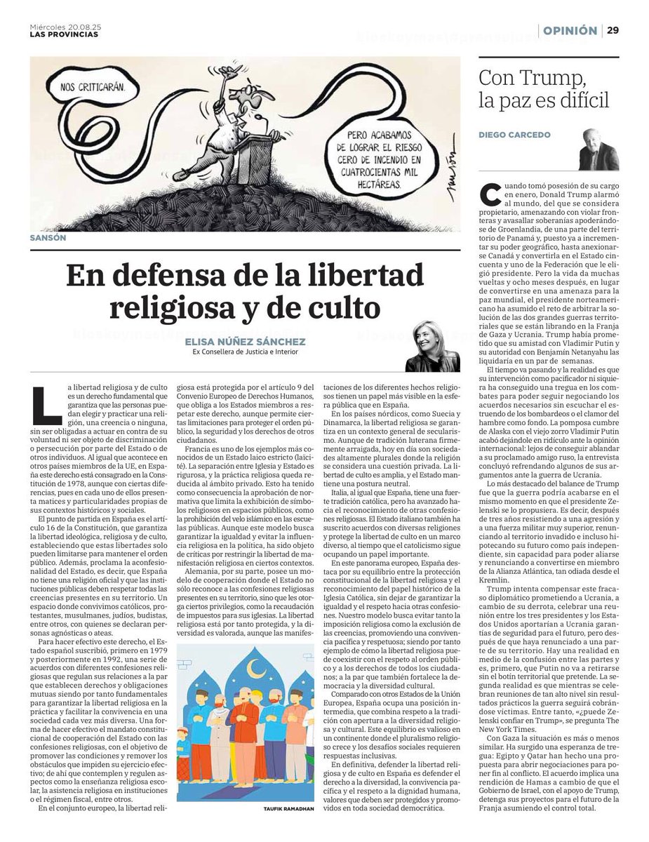 Mi artículo de hoy en <a href="/lasprovincias/">LAS PROVINCIAS</a> 
En defensa de la libertad religiosa y de culto.
“Nuestro modelo busca evitar tanto la imposición religiosa como la exclusión de las creencias, promoviendo una convivencia pacífica y respetuosa…”