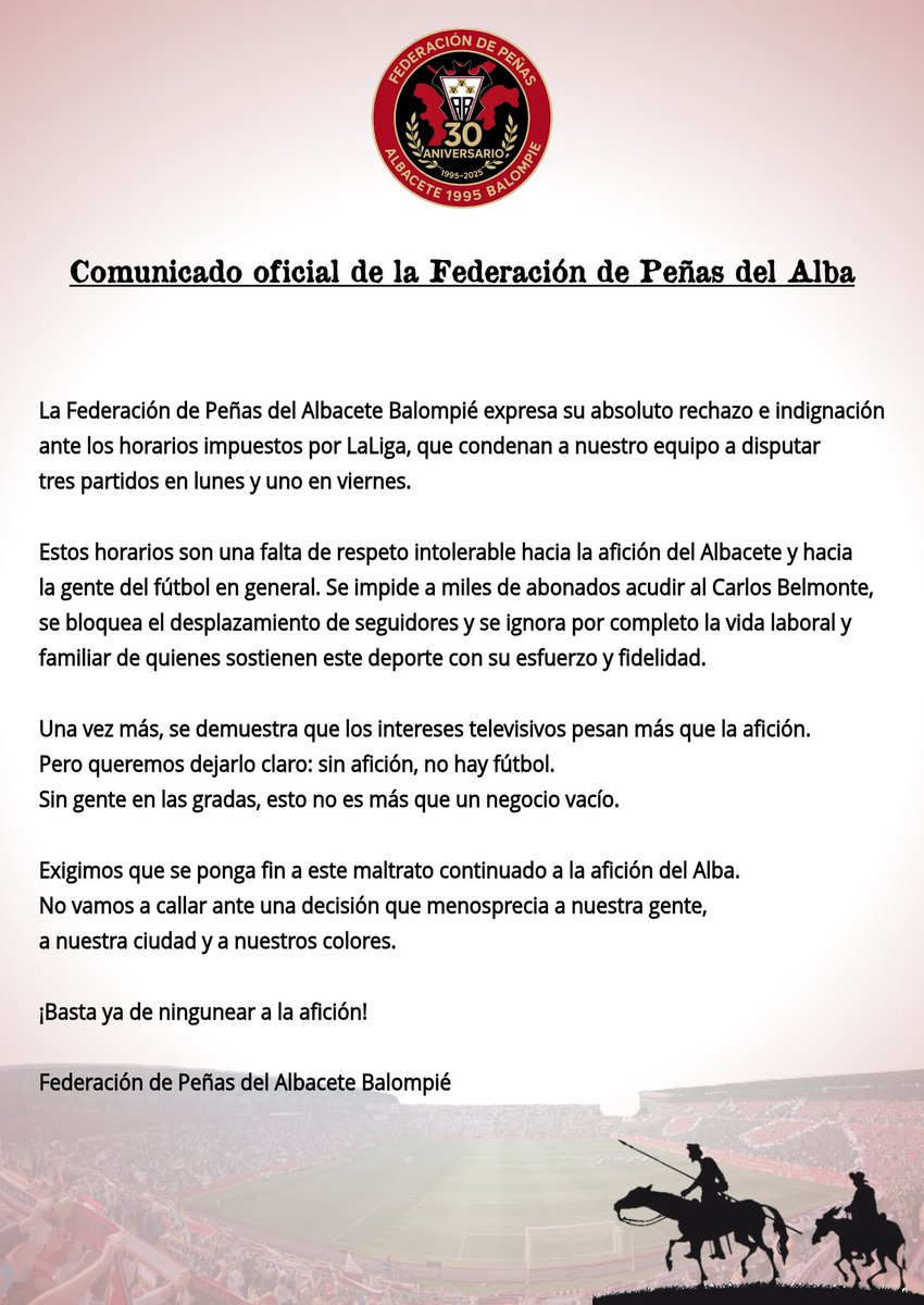 😡 Las Peñas del <a href="/AlbaceteBPSAD/">Albacete Balompié 🤍</a> alzan la voz por los horarios: tres partidos en lunes y uno en viernes en las cinco primeras jornadas

💬 "Una falta de respeto intolerable"

💬 "Una vez más, se demuestra que los intereses televisivos pesan más que la afición"