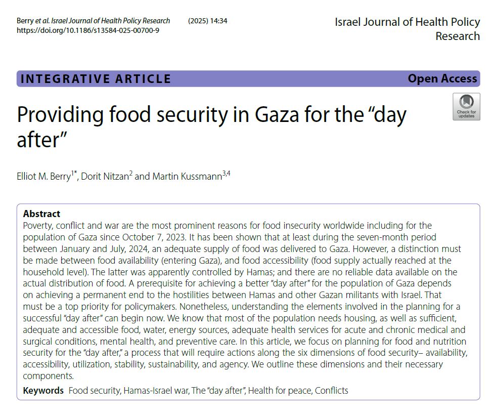 markuss1305's tweet photo. "Food security in Gaza“ BMC ‚Israel J. Public Health Res. https://t.co/qpgCjGezMV 

As a German, I feel honoured to be asked for a perspective from outside Israel &amp; Palestine. Thanks to Elliot Berry, Hebrew Univ. of Jerusalem &amp; Dorit Nitzan, Ben Gurion Univ. Negev. https://t.co/xZ8TZTUbpP