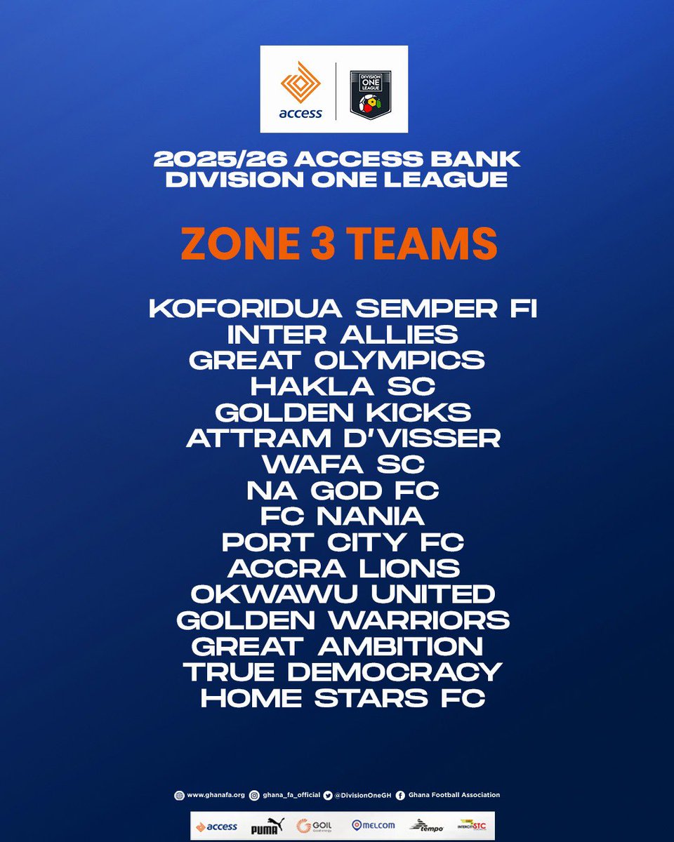 DivisionOneGH's tweet photo. 3️⃣ Zones. 1️⃣ League. 🔥

Here are the 2025/26 Access Bank Division One League teams across all 3️⃣ zones! ⚽

Who are you backing this season? 👀

#AccessBankDOL https://t.co/5vug4yo6cb