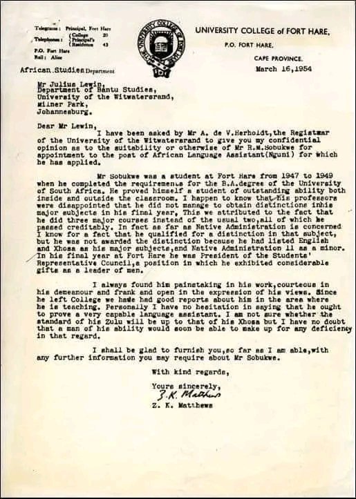 Professor Z K Matthews's testimonial for Mangaliso Robert Sobukwe at the University of the Witwatersrand, March 1954.