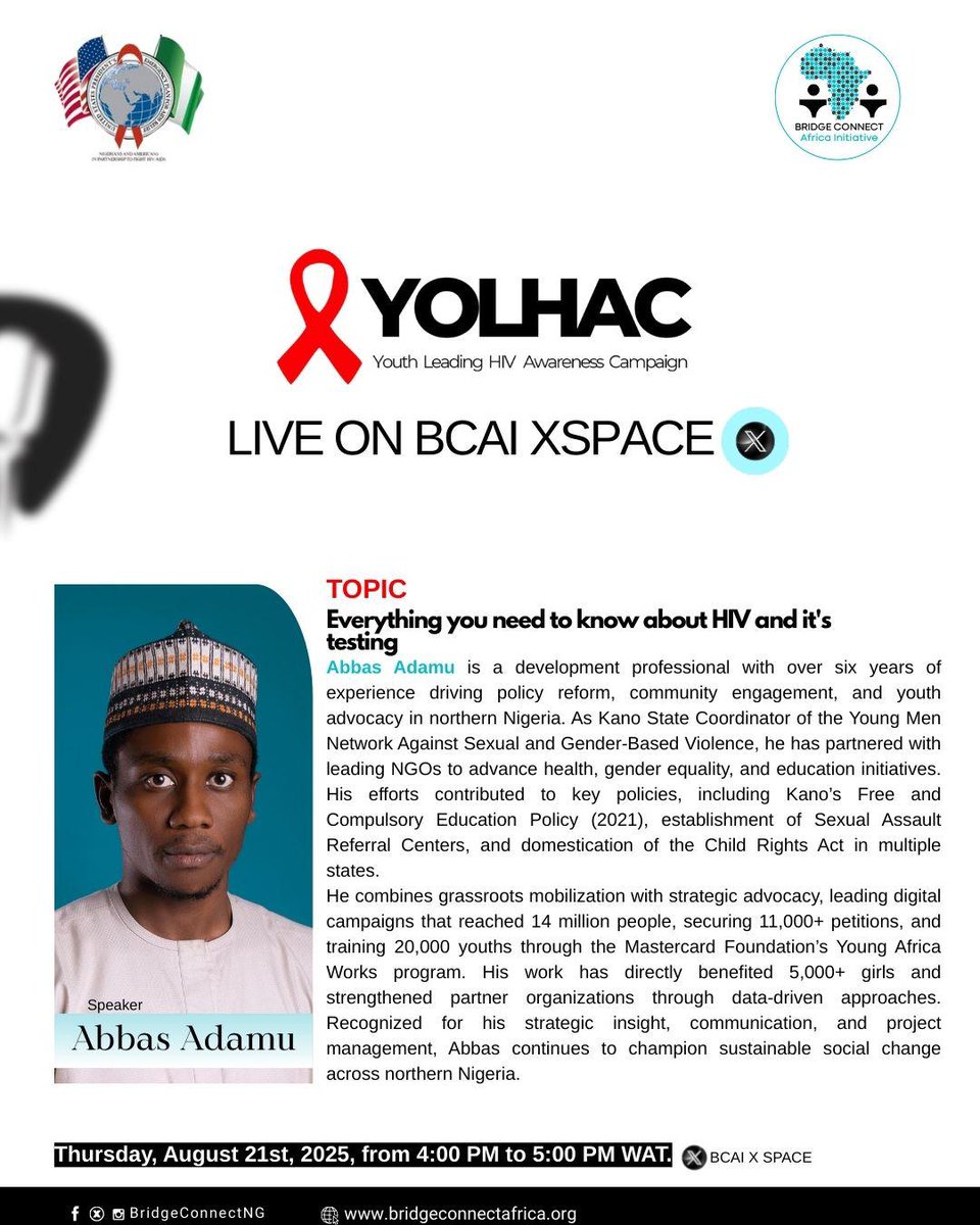 Join us live on BCAI XSpace tomorrow, August 21st, by 4:00pm. for an inspiring conversation with us.

TOPIC: Everything you need to know about HIV and its testing.

#YOLHAC 
#EndHIVStigma
#BCAI
#USinNigeria
#PEPFARNigeria 
#PEPFARsmallgrants
#YPLHIV