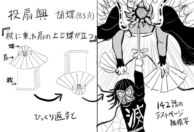 投扇興の話の続きだけど、「枕に乗った扇の上で蝶が立つ」のが『胡蝶』ということで、童磨に勝つ暗喩のようにもとれるけど、天井(枕)に童磨(扇)を突き刺した(蝶)一撃のシーンにも見える。
16巻の最後のページの構図とかまさにそうじゃない?(10分で描いた雑模写です🙇‍♀️) 