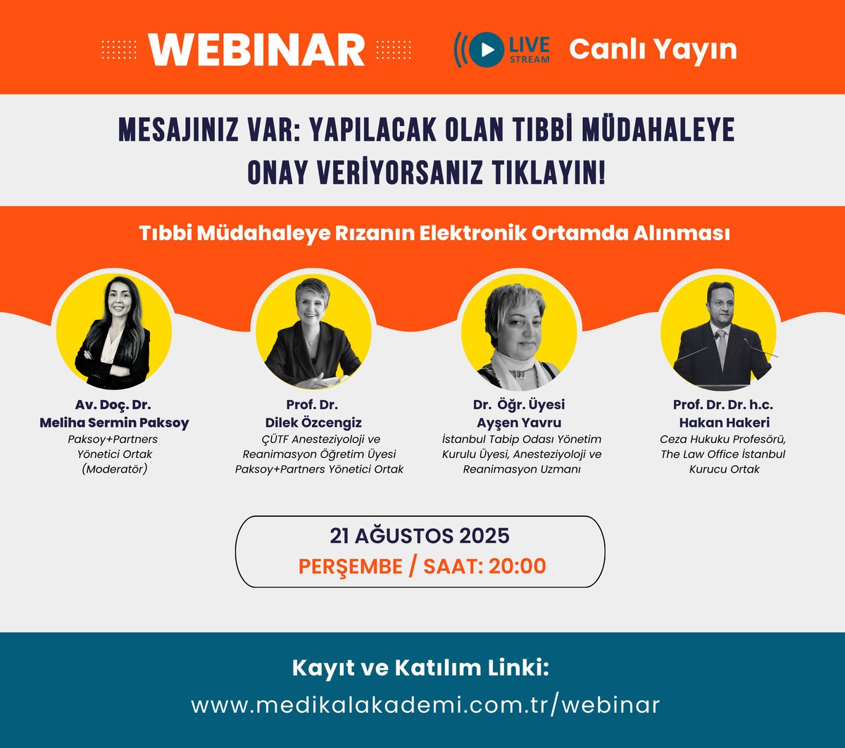 Yarın akşam 20:00'de #SağlıkHukuku yayınımızda buluşalım: ‘Tıbbi Müdahaleye Onay' ve ‘Tıbbi Müdahaleye Rızanın Elektronik Ortamda Alınması‘ canlı söyleşimizde ‘#tıbbionam’ sorunun pek çok boyutunu konuşacağız. Kayıt ve katılım linki: medikalakademi.com.tr/webinar/sh-ona…