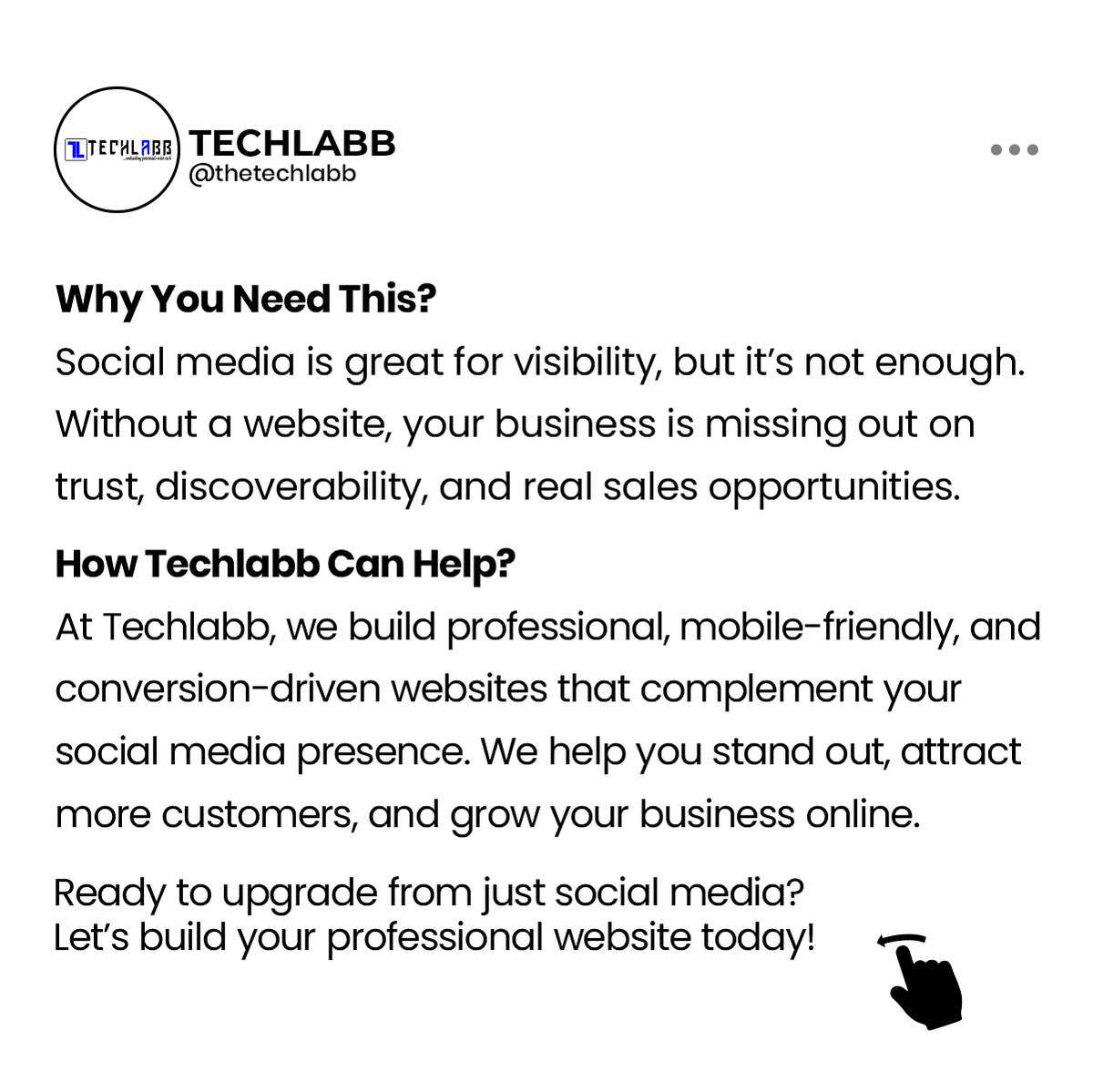 thetechlabb's tweet photo. 🌐 Social media creates awareness.
But websites convert that attention into real customers 💼

Let Techlabb build a site that grows your business 🚀

#Techlabb #WebDevelopment #BusinessGrowth https://t.co/pDuq5bxjPZ