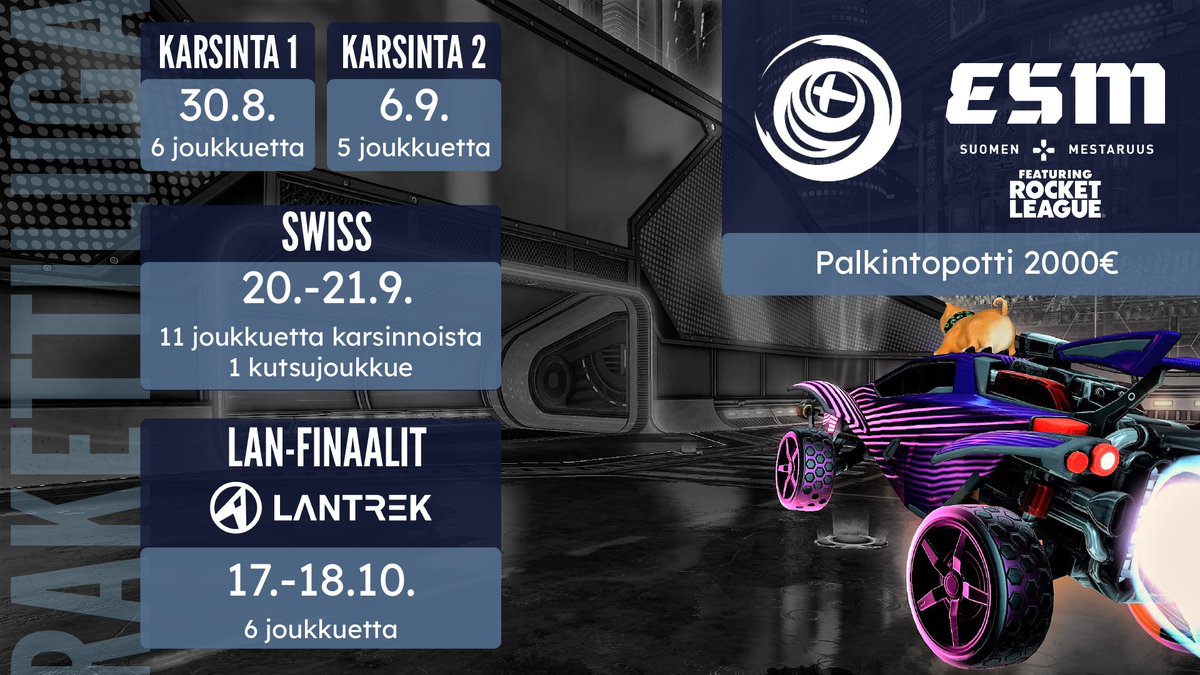 Rakettiliiga (@rakettiliiga) on Twitter photo 🏆 Rocket League ESM 2025 alkaa!
📅 Aikataulu:
🔹 Karsinta 1: 30.8. – 6 joukkuetta
🔹 Karsinta 2: 6.9. – 5 joukkuetta
🔹 Swiss: 20.–21.9. – 11 joukkuetta + kutsujoukkue
🔹 LAN-finaalit <a href="/LanTrekRy/">LanTrek ry</a> : 17.–18.10. – 6 joukkuetta
💰 Palkintopotti 2000 €
#Rakettiliiga #ESM2025 🏆 Rocket League ESM 2025 alkaa!
📅 Aikataulu:
🔹 Karsinta 1: 30.8. – 6 joukkuetta
🔹 Karsinta 2: 6.9. – 5 joukkuetta
🔹 Swiss: 20.–21.9. – 11 joukkuetta + kutsujoukkue
🔹 LAN-finaalit <a href="/LanTrekRy/">LanTrek ry</a> : 17.–18.10. – 6 joukkuetta
💰 Palkintopotti 2000 €
#Rakettiliiga #ESM2025