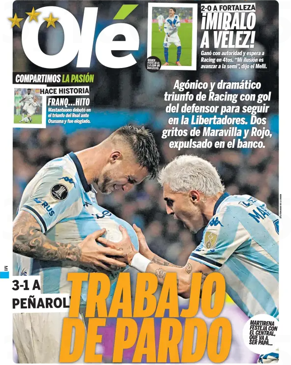 DiarioOle's tweet image. TRABAJO DE PARDO 🤰 | #LaTapaDeOlé de la clasificación de Racing a 4tos de Libertadores 📰🏆