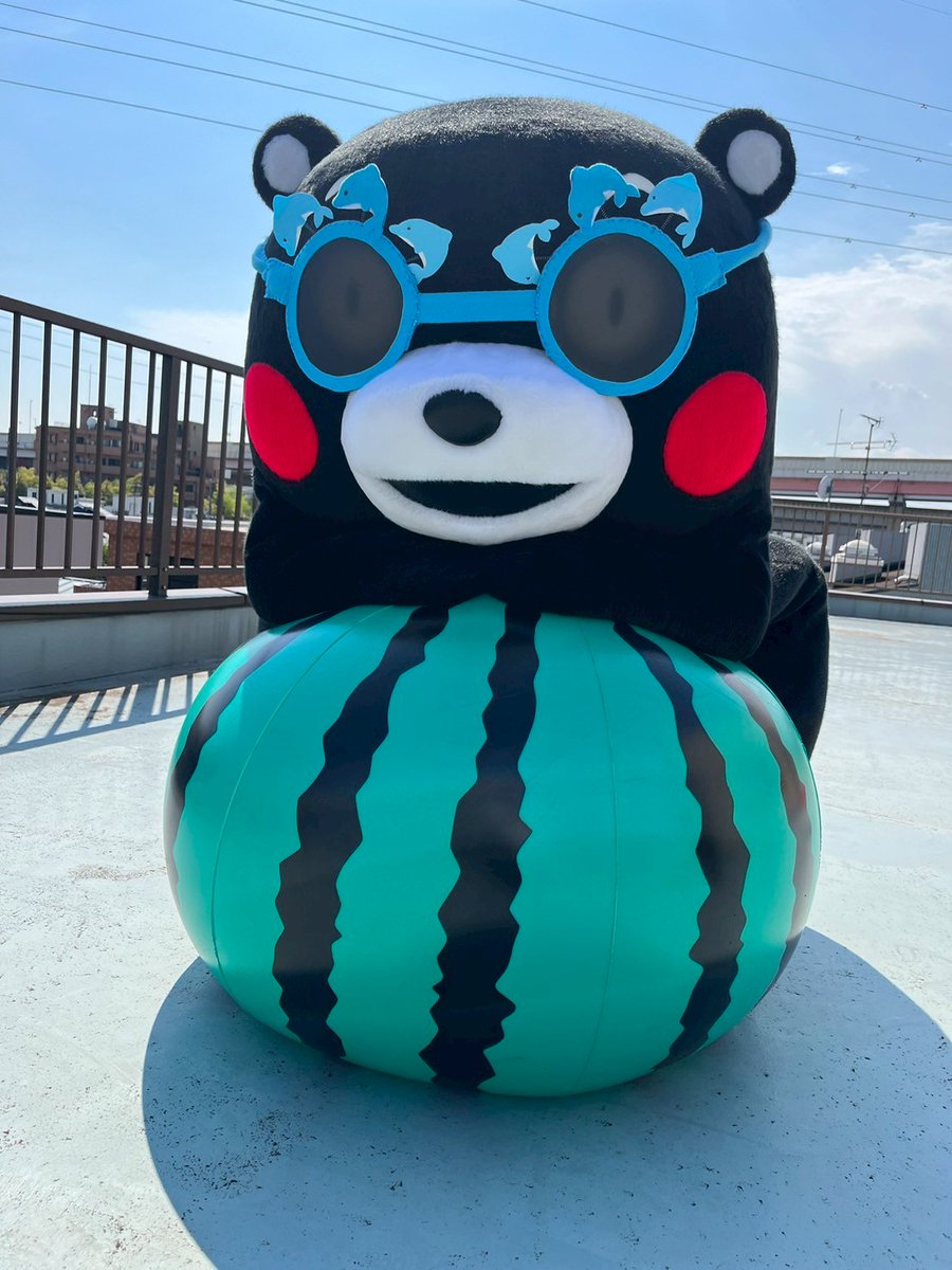 お仕事の合間に、夏を楽しみたいくまモン！

海に行けなくても、お気に入りの浮き輪に乗って日光浴を満喫！

水分補給もしっかりしながら楽しむくまモンでした☆