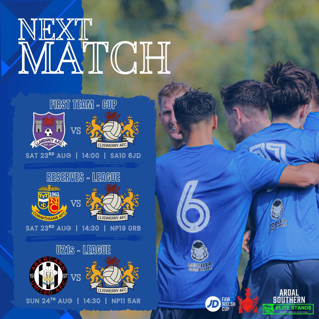 Lliswerry FC (@lliswerryfc) on Twitter photo All sides on their travels this weekend🦎☀️⚽️
1st Team travel to <a href="/LlandarcyAFC/">Llandarcy AFC</a> in the Welsh Cup.
First league game for the Reserves is a derby day away to <a href="/NptCorries/">Newport Corinthians AFC</a> .
The U21s face <a href="/AbercarnUnited/">Abercarn United AFC</a> on Sunday.
#UpTheLlizards💙⚽️🦎 All sides on their travels this weekend🦎☀️⚽️
1st Team travel to <a href="/LlandarcyAFC/">Llandarcy AFC</a> in the Welsh Cup.
First league game for the Reserves is a derby day away to <a href="/NptCorries/">Newport Corinthians AFC</a> .
The U21s face <a href="/AbercarnUnited/">Abercarn United AFC</a> on Sunday.
#UpTheLlizards💙⚽️🦎