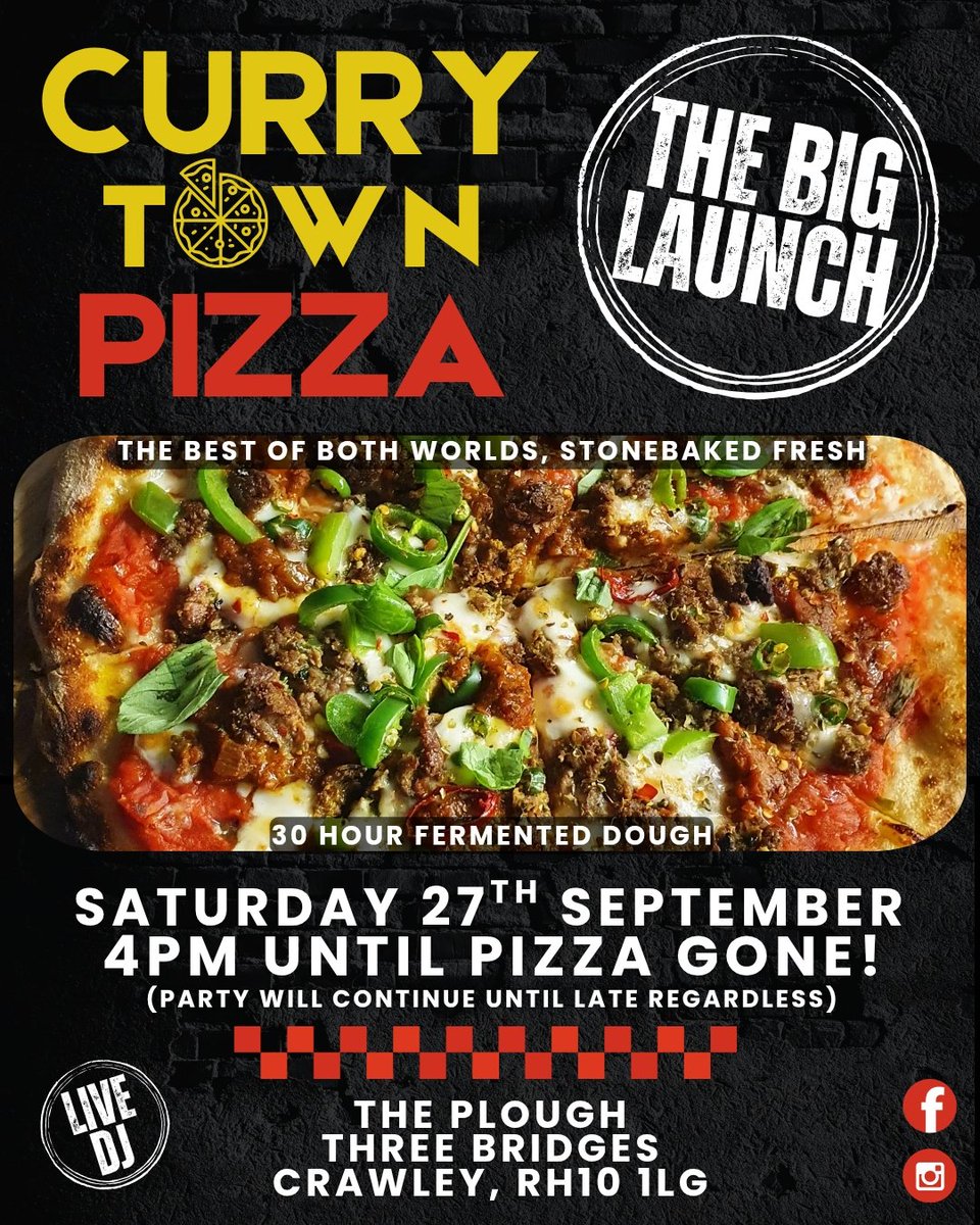 currytownpizza's tweet photo. Curry Town Pizza is officially launching at The Plough in Three Bridges, Crawley on Saturday, September 27th! 🍕
​Pizzas from 4 PM, with a limited supply. A DJ will be there to keep the vibes going all night! 🎶
​See you there! 🙌🏾

#pizza #crawley #westsussex #sussex #gatwick https://t.co/JN975CLa5J