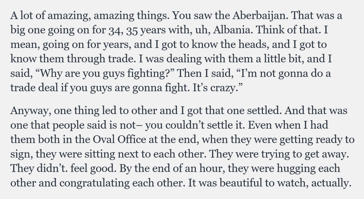 HovhanNaz's tweet photo. Trump on Armenia-Azerbaijan: 
"You saw the Aberbaijan. That was a big one going on for 34, 35 years with, uh, Albania." https://t.co/IpL5vAWNLd