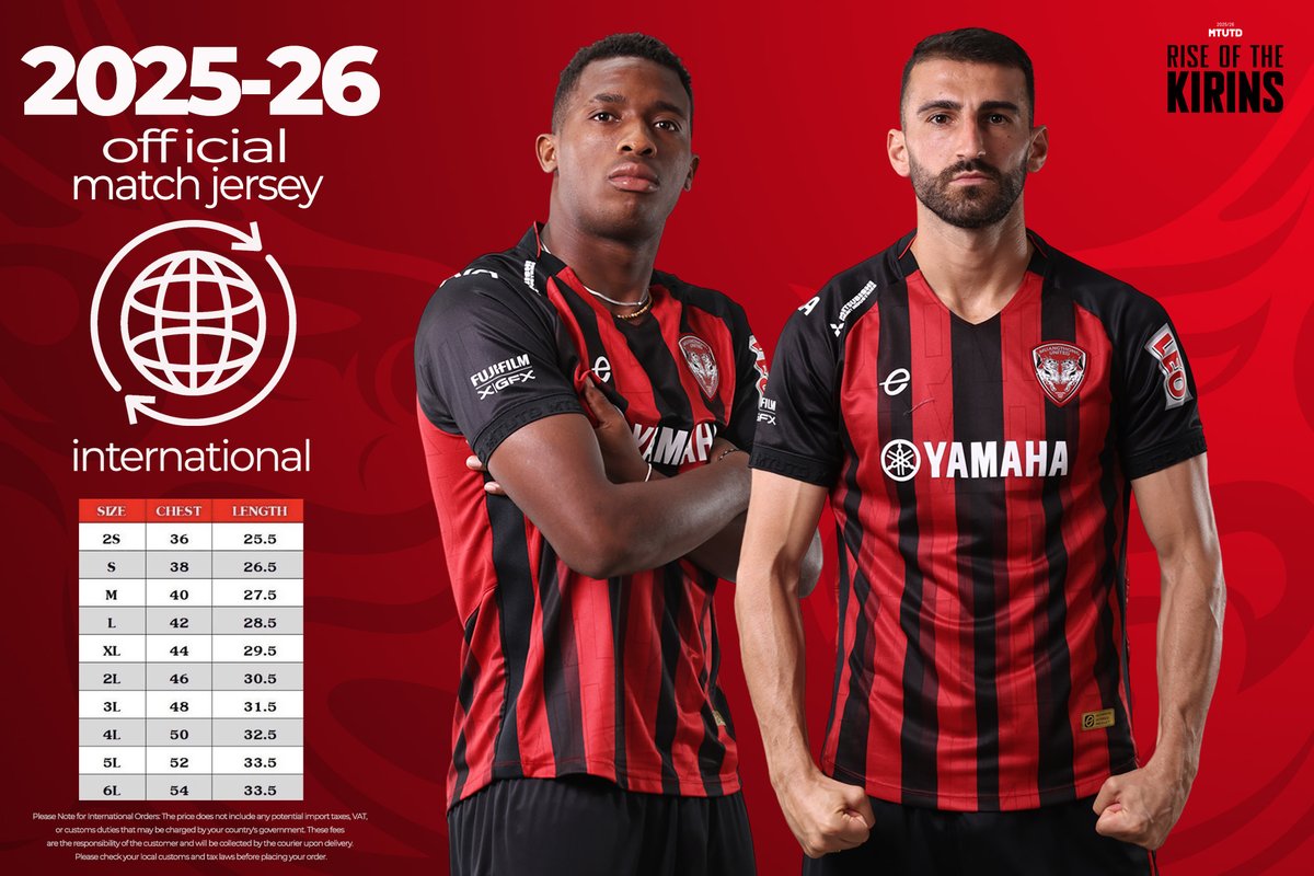 MuangthongUtd's tweet photo. International shipping! Get your 2025/26 home & away kits now. Support the Kirin from anywhere in the world ๐
๐ด Red Home: https://t.co/bqx8zCR5f8
โช๏ธ White Away https://t.co/oFibb4lJzA #MTUTD
#MuangthongUnited #T1 #Jersey #InternationalSales https://t.co/Lbg3q9snMe