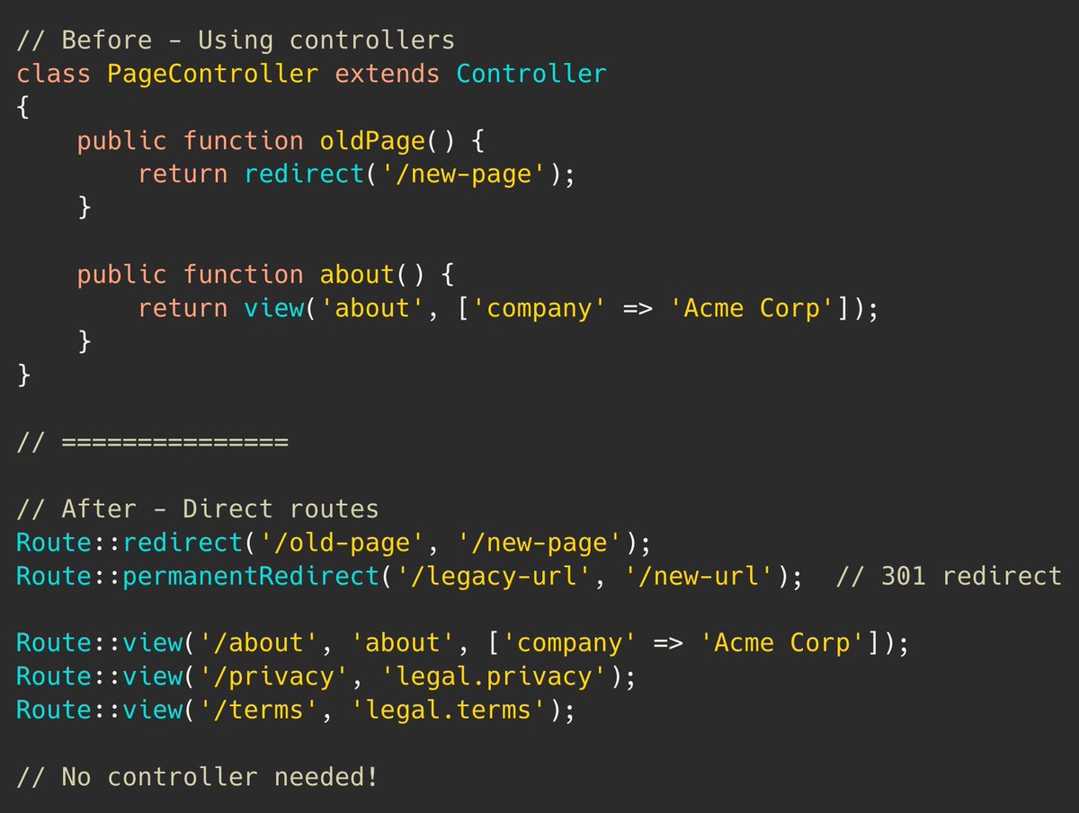 PovilasKorop's tweet image. Laravel tip.
Skip writing controllers for simple redirects and static pages!
Use `Route::redirect()` for redirects and `Route::view()` for returning views directly.
Link to docs: laravel.com/docs/12.x/rout…
#practicalLaravelDocs
