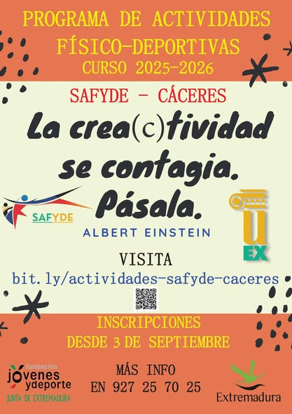 safydeuex's tweet photo. UNIVERSIDAD EXTREMADURA-@infouex-CAMPUS CÁCERES
PROGRAMA ACTIVIDADES FÍSICO-DEPORTIVAS
INICO 1 OCTUBRE-INSCRIPCIÓN 3 SEPTIEMBRE
Más detalles en enlace https://t.co/ZcsGK1EeSW
 @ExtensionUex  @SocialUex @UExDivulga @CEUEX_ @RRII_UEx @FUEx_fundacion  @EPCC_Unex @FUEx_fundacion https://t.co/fHVE1eq1CR