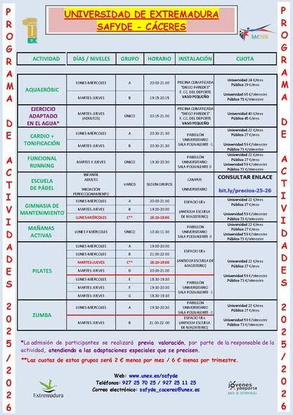 safydeuex's tweet photo. UNIVERSIDAD EXTREMADURA-@infouex-CAMPUS CÁCERES
PROGRAMA ACTIVIDADES FÍSICO-DEPORTIVAS
INICO 1 OCTUBRE-INSCRIPCIÓN 3 SEPTIEMBRE
Más detalles en enlace https://t.co/ZcsGK1EeSW
 @ExtensionUex  @SocialUex @UExDivulga @CEUEX_ @RRII_UEx @FUEx_fundacion  @EPCC_Unex @FUEx_fundacion https://t.co/fHVE1eq1CR