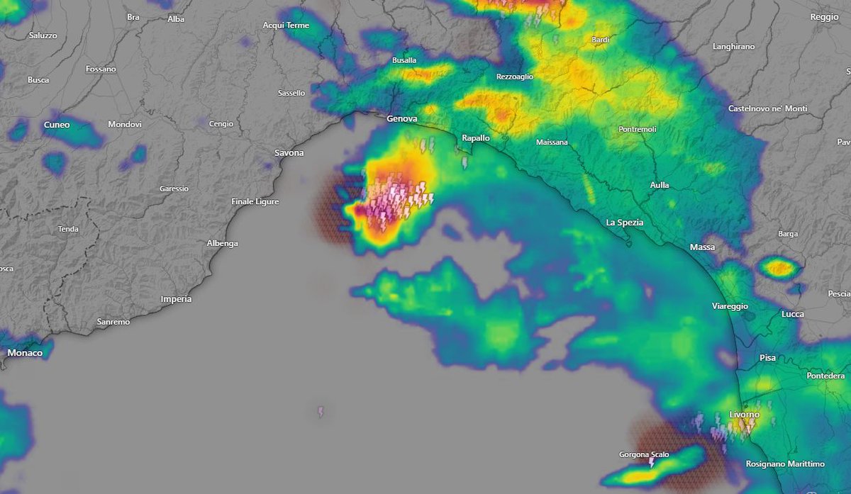 riskiomap's tweet photo. ⚠️ Severe thunderstorm with heavy lightning and rain currently over the central Ligurian Sea, Italy. Mariners are advised to navigate with caution. 🌊⛈️
#LigurianSea #StormAlert #MaritimeSafety #ItalyWeather #NavigationWarning https://t.co/VTAXu7V2v9