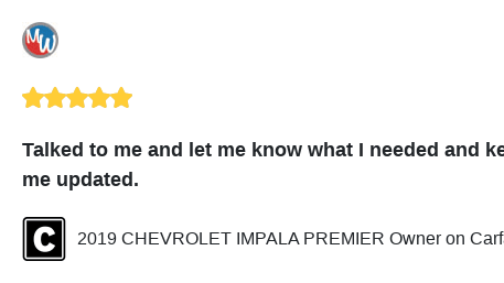 We just received a great review on Carfax. Thank you 2019 CHEVROLET IMPALA PREMIER Owner!