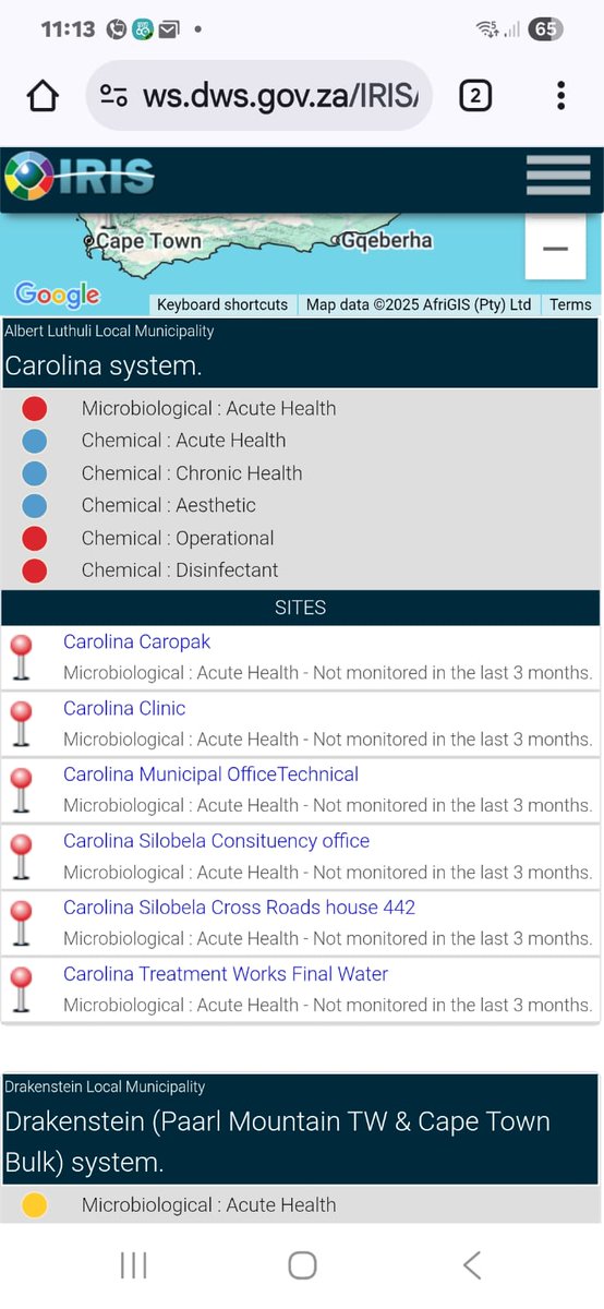 🚨 Carolina’s water is not safe.  
The Department of Water and Sanitation’s own IRIS dashboard shows acute health risks across multiple sites—from Caropak to Silobela. Microbiological tests haven’t been done in months.