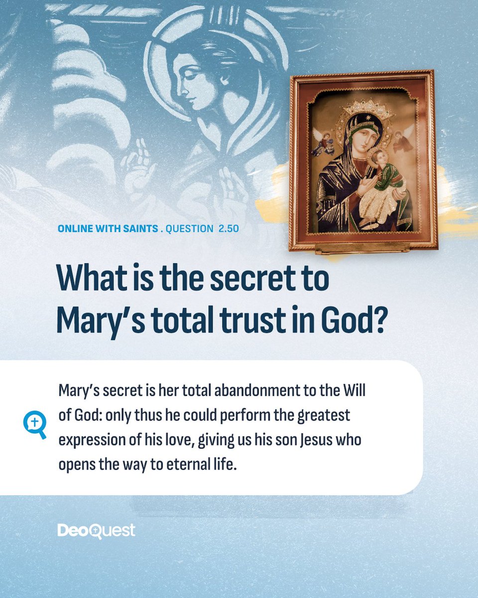 When the angel appeared to Mary to tell her that she would become Jesus’ mother, she was confused, but with all her heart she said ‘yes’ to God’s Will (Lk 1:38). Her love for God gave her the trust she needed to do so.

 #TrustInGod #OnlineWithSaints #DeoQuest #GodsWill #HolyMary