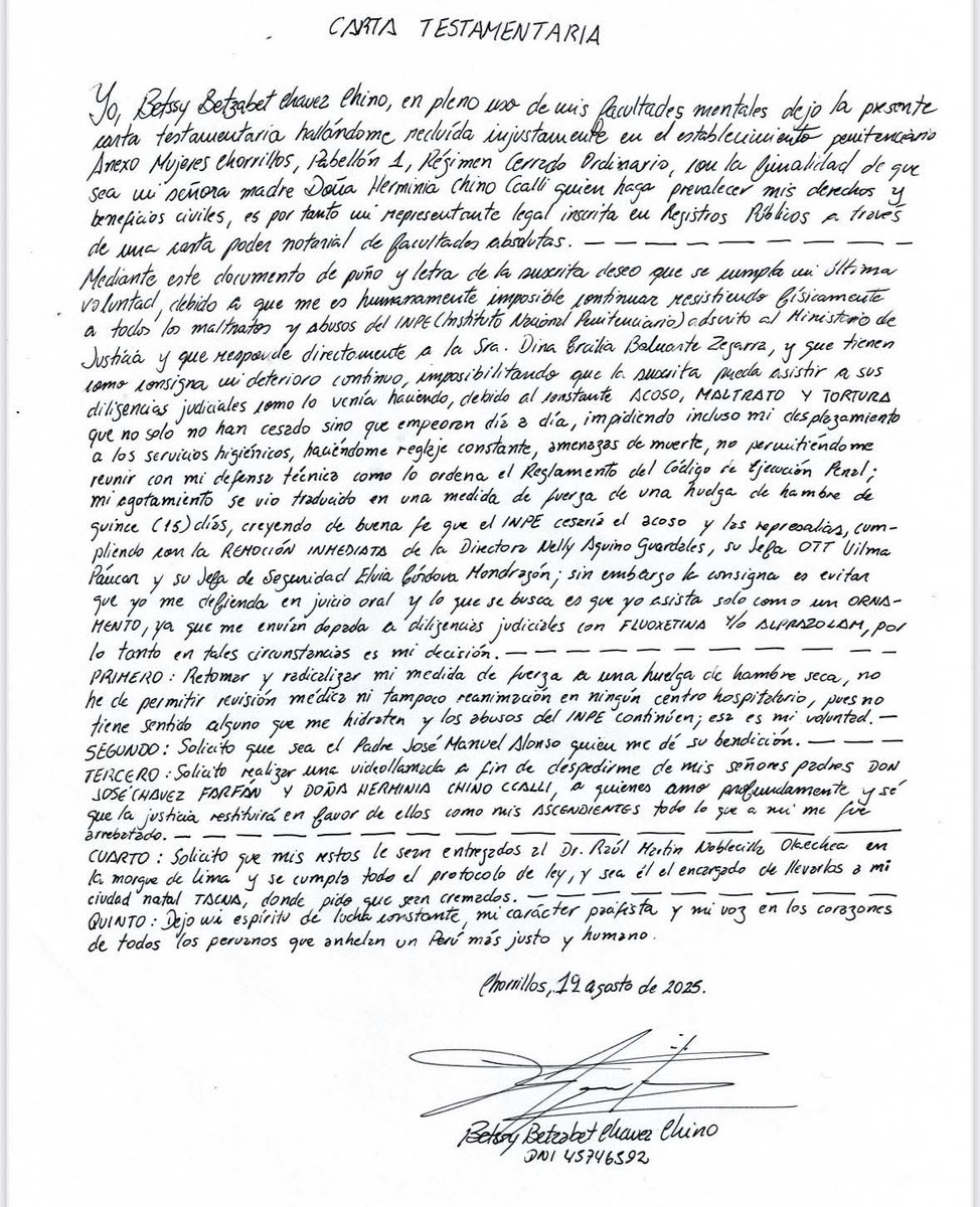 Desde el encierro injusto en el que me encuentro, reafirmo que no podrán quebrar mi voz. Esta carta no es rendición: es un grito de dignidad frente al abuso, la persecución y el maltrato.
Por mi familia, por mi pueblo y por el Perú, dejo testimonio de que la verdad prevalecerá.