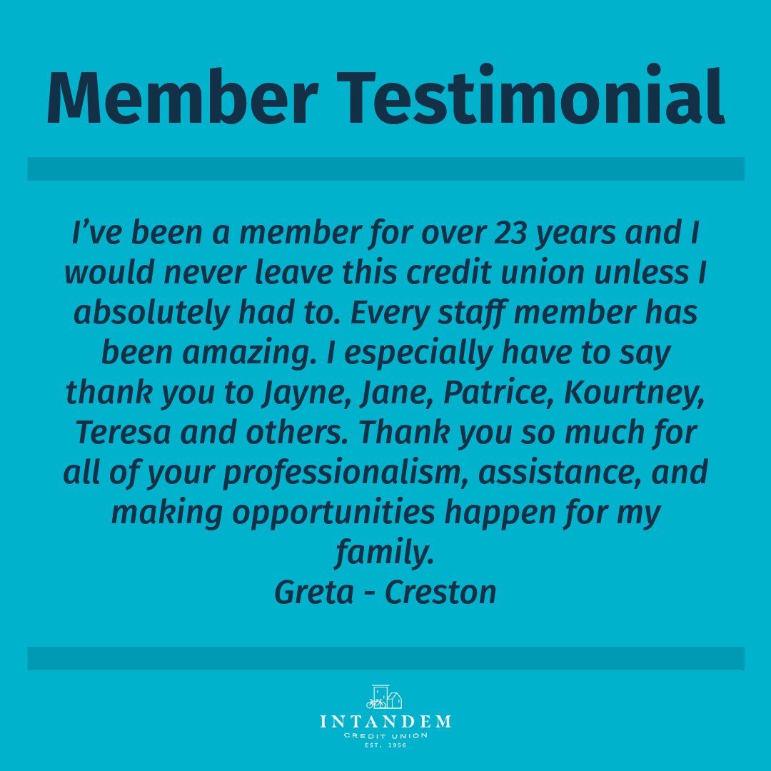 We love hearing from our members! ❤️ Thank you for your kind words and for supporting Intandem Credit Union!