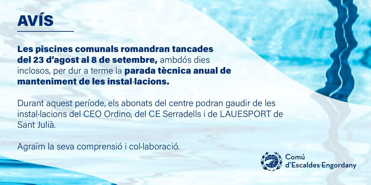💦 Les piscines comunals estaran tancades del 23 d’agost al 8 de setembre per la parada tècnica anual de manteniment.

Durant aquest període, els abonats podran accedir al CEO Ordino, CE Serradells i LAUESPORT de Sant Julià.

🙏 Gràcies per la vostra comprensió.
