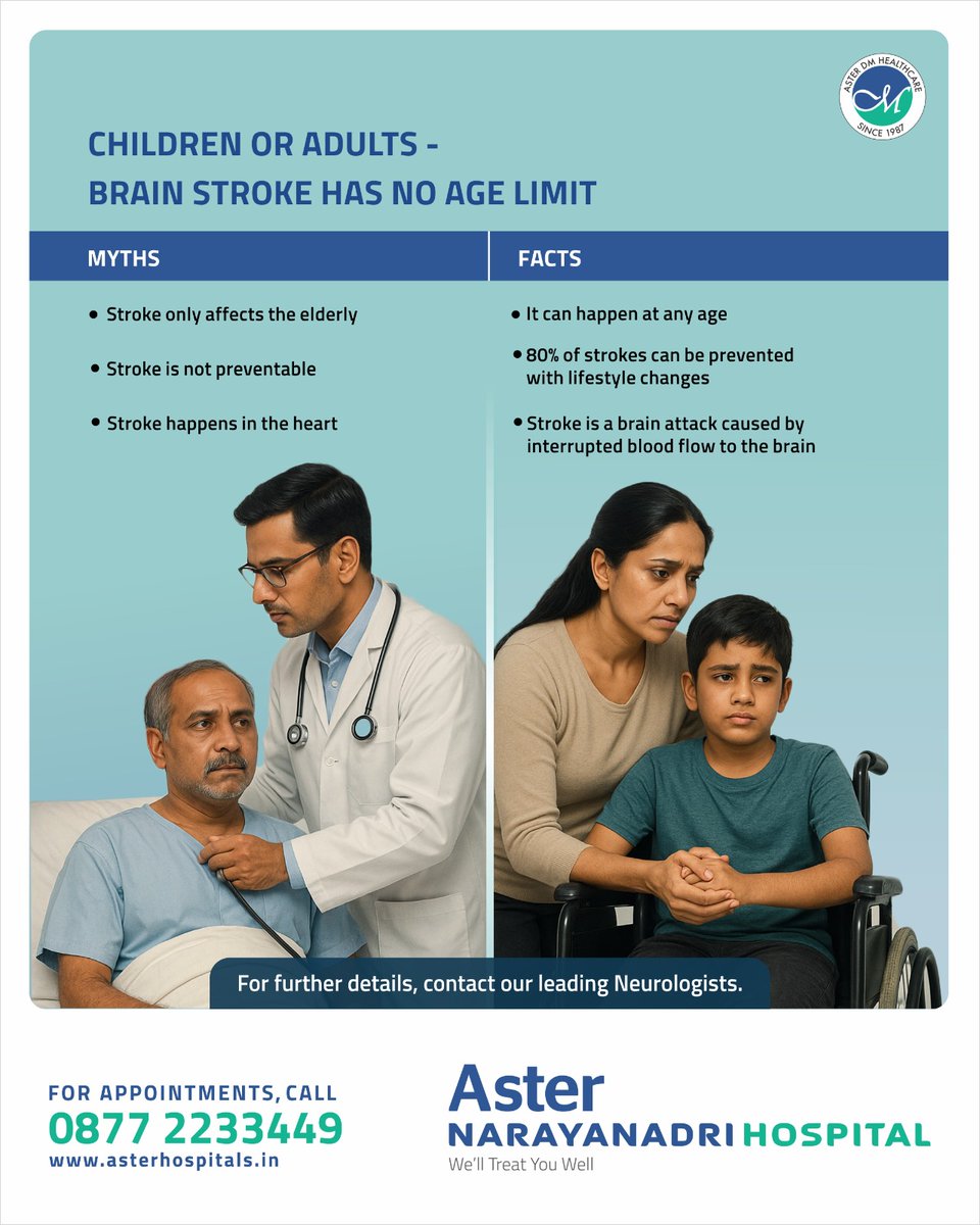 asternarayanadr's tweet photo. Stroke isn’t about age. Recognize stroke early and act fast!
.
.
#BrainStrokeAwareness #StrokePrevention #NeurologyCare #HealthyBrain #StrokeMythsVsFacts #KnowTheSigns #NeuroHealthMatters #StrokeCare #BrainHealthAwareness #AsterNarayanadriHospital https://t.co/3v9AKSlyKy