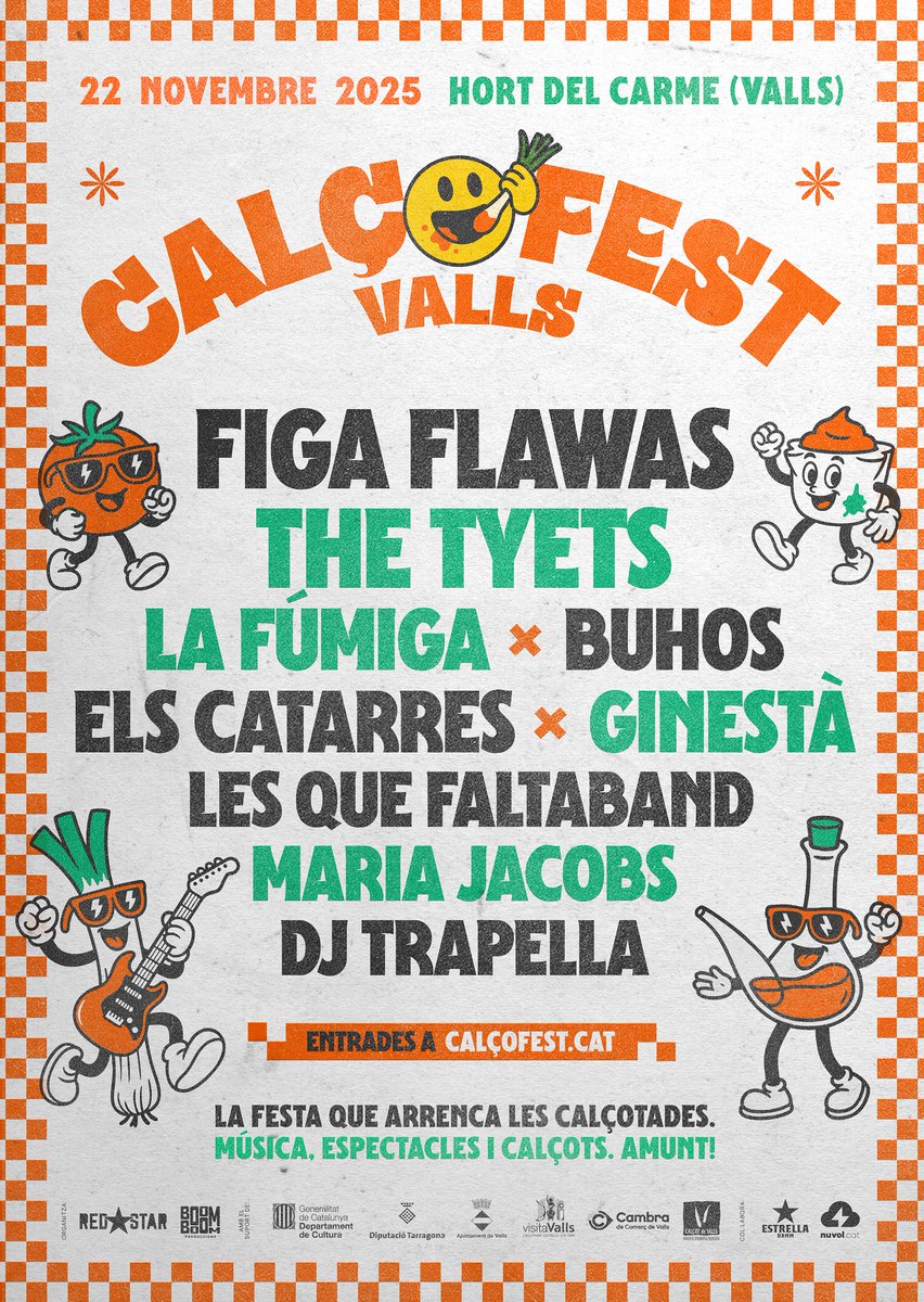 🎉Encara no tens entrada pel Calçofest? 

Corre, que volen! Aprofita abans que s'esgotin i vine a Valls a inaugurar la temporada de calçots amb molta música, gastronomia i cultura!🎶

📆 Dissabte 22 de novembre.

🎟️ Entrades a la venda ⬇️
entradas.codetickets.com/entradas/calco…