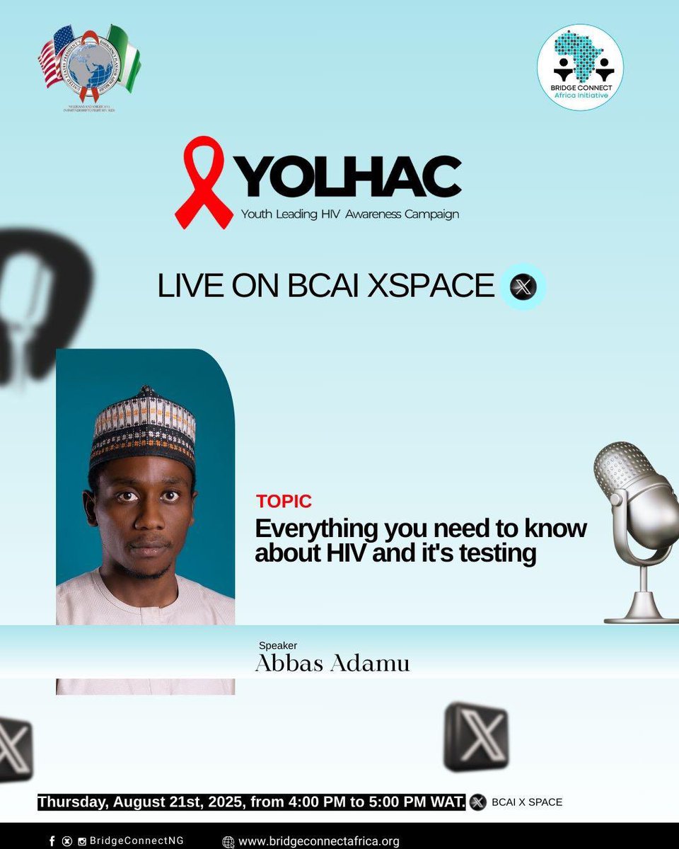 Join us live on BCAl Space tomorrow, August 21st, by 4:00pm. for an inspiring conversation with us.
TOPIC: Everything you need to know about HIV and its testing.
#YOLHAC
#EndHIVStigma
#BCAI
#USinNigeria
#PEPFARNigeria
#PEPFARsmallgrants
#YPLHIV