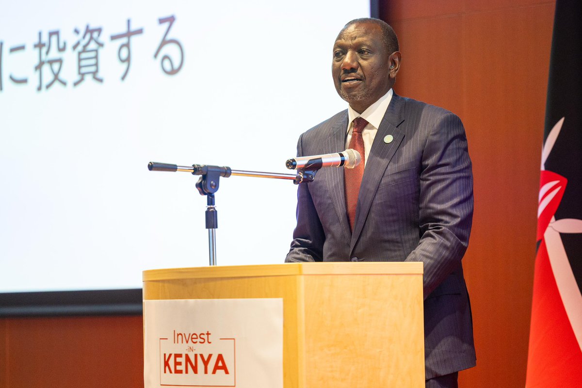 WilliamsRuto's tweet photo. Japan is the third largest source of official development assistance to Kenya, having provided our country with more than $5 billion (KSh650 billion) in the past 60 years of our strong and mutually beneficial relationship.

The support has gone into geothermal development in Olkaria and port expansion in Mombasa, among others.

Additionally, 120 Japanese companies have invested in Kenya, leveraging on our strategic location, the gateway to Eastern Africa and indeed the entire continent, expanding infrastructure and fibre optic network, and vibrant financial and capital markets.

As Kenya's economy expands and grows, our country offers many opportunities for the private sector in Japan, including in digitisation, provision of medical equipment for our universal health coverage, precision farming, e-vehicle manufacturing and green energy industrialisation, among others.

Addressed a Kenya Investment Forum, Yokohama City, Japan, where many multinational companies expressed interest in investing in our country.