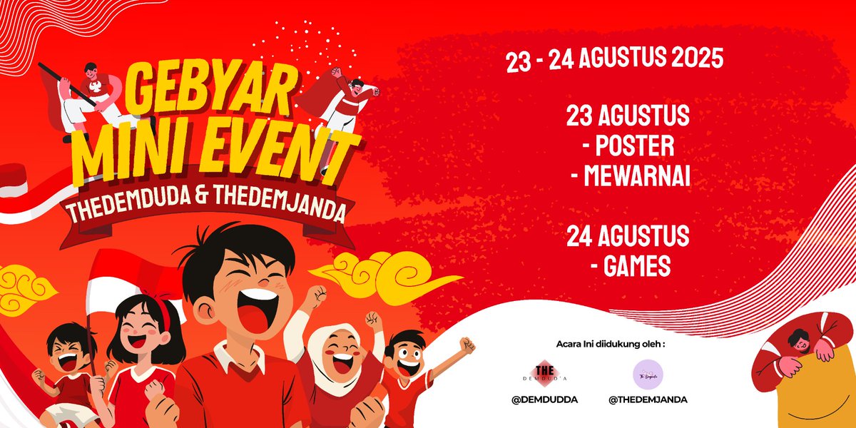 THE DEMJAND'A 🥵 (@thedemjanda) on Twitter photo ✨ Gebyar Mini Event With TheDemDuda <a href="/DEMDUDDA/">The DemDUD(A) 🫃🏻</a> & TheDemJanda @THEDEMJANDA ✨
📅 23–24 Agustus 2025 :
🎨 Poster + Mewarnai (23 Agustus)
🎮 Games Seru (24 Agustus)
Come And Join ❤️🤍 ✨ Gebyar Mini Event With TheDemDuda <a href="/DEMDUDDA/">The DemDUD(A) 🫃🏻</a> & TheDemJanda @THEDEMJANDA ✨
📅 23–24 Agustus 2025 :
🎨 Poster + Mewarnai (23 Agustus)
🎮 Games Seru (24 Agustus)
Come And Join ❤️🤍