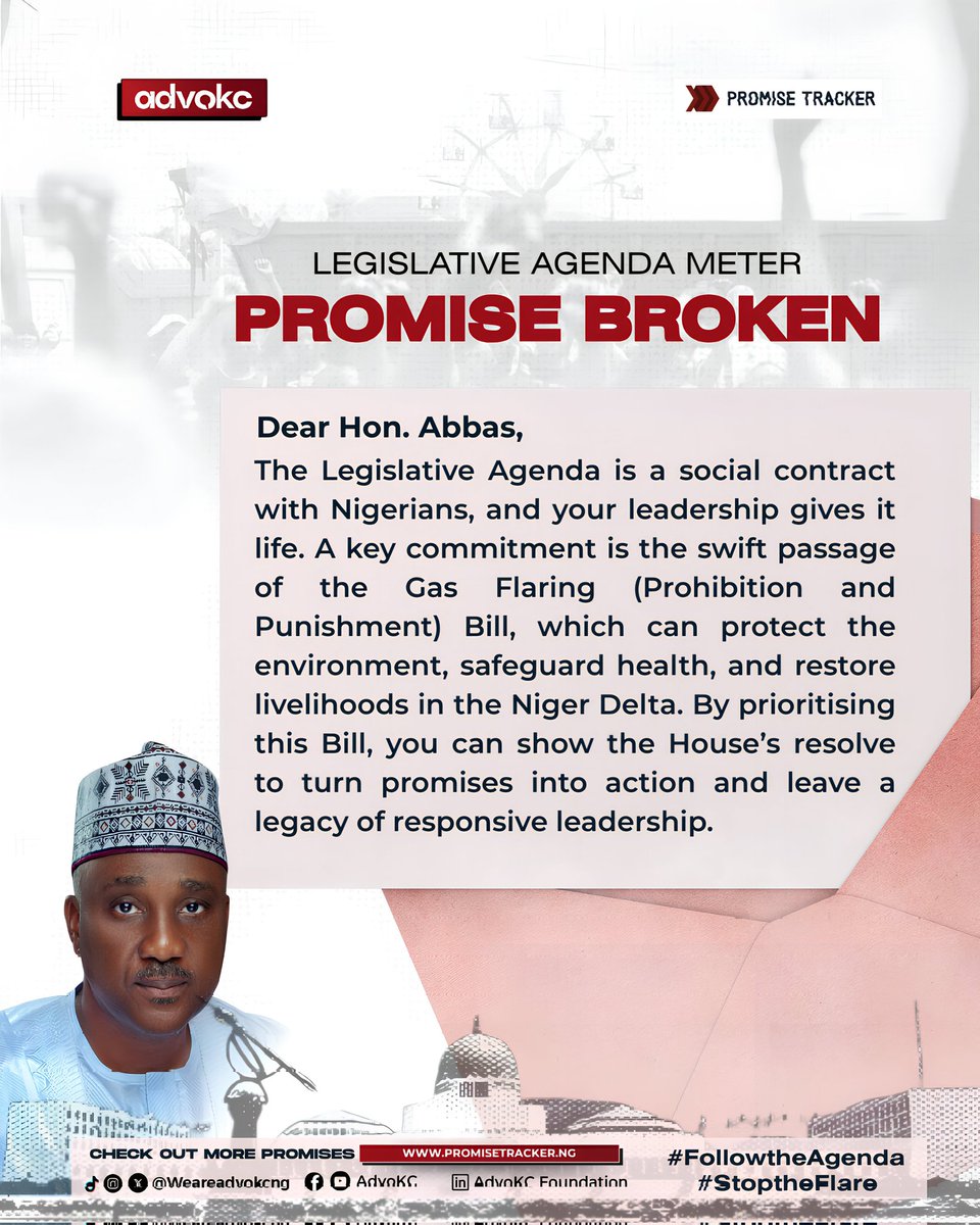 AdvoKC (@weareadvokcng) on Twitter photo PROMISE BROKEN
<a href="/Speaker_Abbas/">Hon Abbas Tajudeen, PhD.</a>, It's over a year beyond the set deadline in <a href="/greenchamberngr/">The Green Chamber, Nigeria</a> Legislative Agenda and the House of Reps is yet to deliver on its pledge to fast-track the Gas Flaring (Prohibition & Punishment) Bill. Meanwhile, affected communities continue to suffer PROMISE BROKEN
<a href="/Speaker_Abbas/">Hon Abbas Tajudeen, PhD.</a>, It's over a year beyond the set deadline in <a href="/greenchamberngr/">The Green Chamber, Nigeria</a> Legislative Agenda and the House of Reps is yet to deliver on its pledge to fast-track the Gas Flaring (Prohibition & Punishment) Bill. Meanwhile, affected communities continue to suffer
