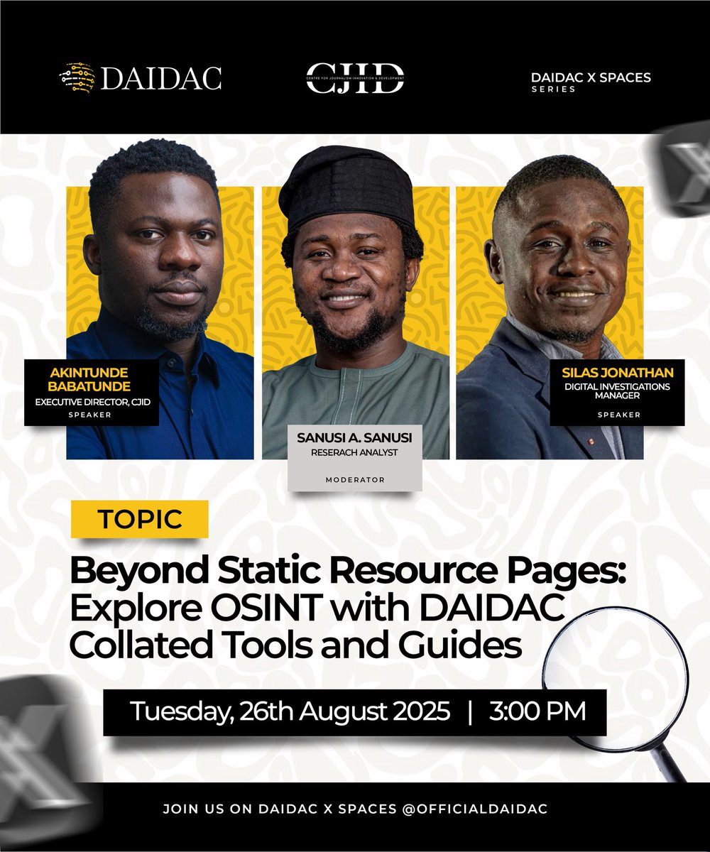Maiden X Spaces Alert!🚨🎉

Are you a journalist, researcher, or digital investigator eager to explore smarter ways of working with OSINT? 

Join us for an in-depth conversation on digital investigations and how to navigate OSINT tools like an expert.

See flyer for details📌