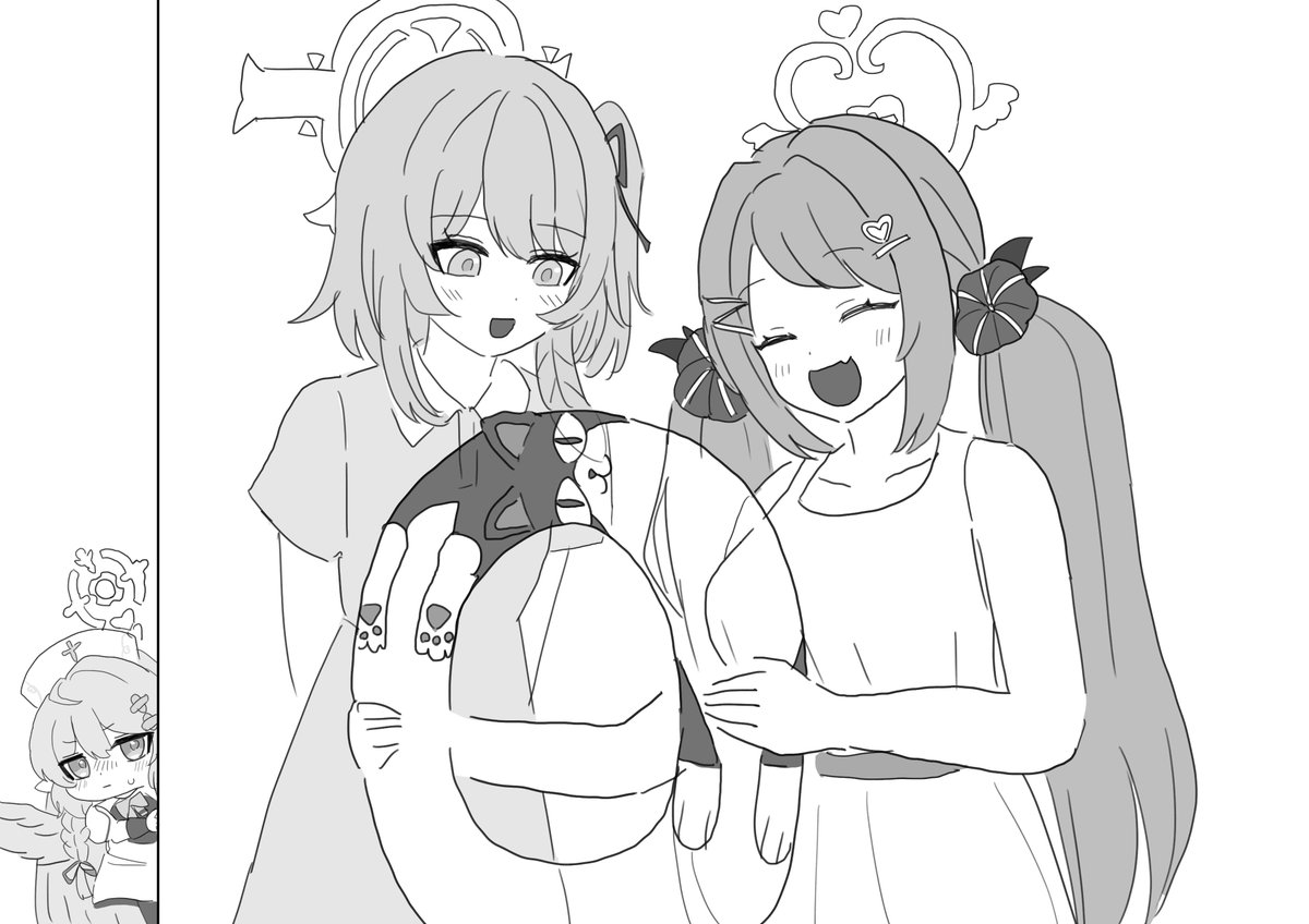 【Skeb】
「ウェーブキャット浮き輪を持ってるセリナ&amp;ハナエ(サマー)とこそこそ浮き輪を気になってガン見してるSDなミネ団長」