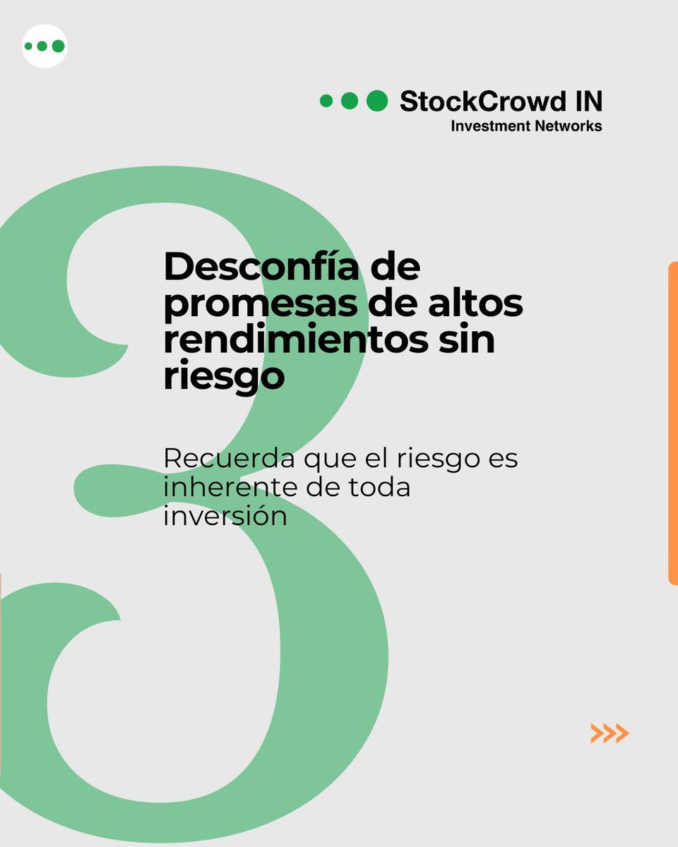🔑 Te compartimos 3 claves que, desde StockCrowd IN, consideramos importantes para adoptar una decisión de inversión.
1️⃣ Elige siempre plataformas reguladas
2️⃣ Exige transparencia
3️⃣ Desconfía de promesas de rentabilidad sin riesgo