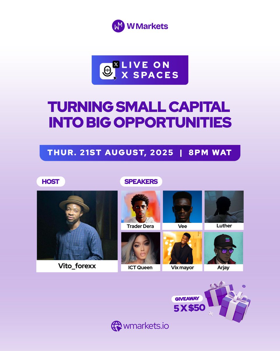 Turning small capital into big opportunities. 

Speakers: <a href="/traderderaa/">Trader Dera</a> <a href="/vee_anibe/">Vee📊</a> <a href="/LUTHERLMS/">LUTHER</a> <a href="/QueenTea__/">ICTQUEEN</a> <a href="/Vix_Mayor/">VixMayor</a> <a href="/ArjayRayy/">.𝐀𝐫𝐣𝐚𝐲</a> 

Date: Thurs. Aug 21st 
Time: 8:00pm 
Venue: X

Giveaway 5 X $50
Don’t miss it.