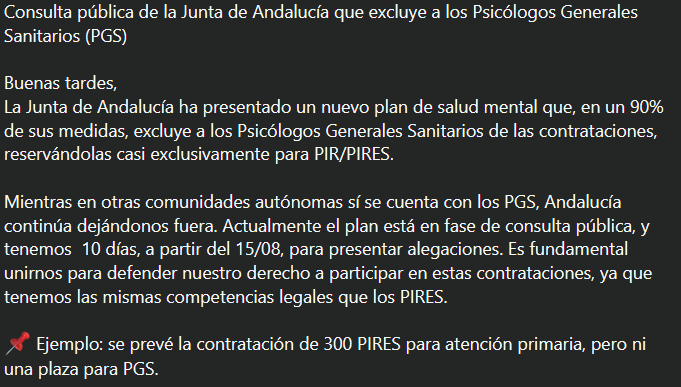 No se puede excluir a quienes, como categoría profesional, nunca estuvieron incluidos en el SNS.

Quien quiera formar parte de esto que haga el PIR, que es abierto, y se forme en las competencias necesarias para ello.

Esto es de absoluta vergüenza.