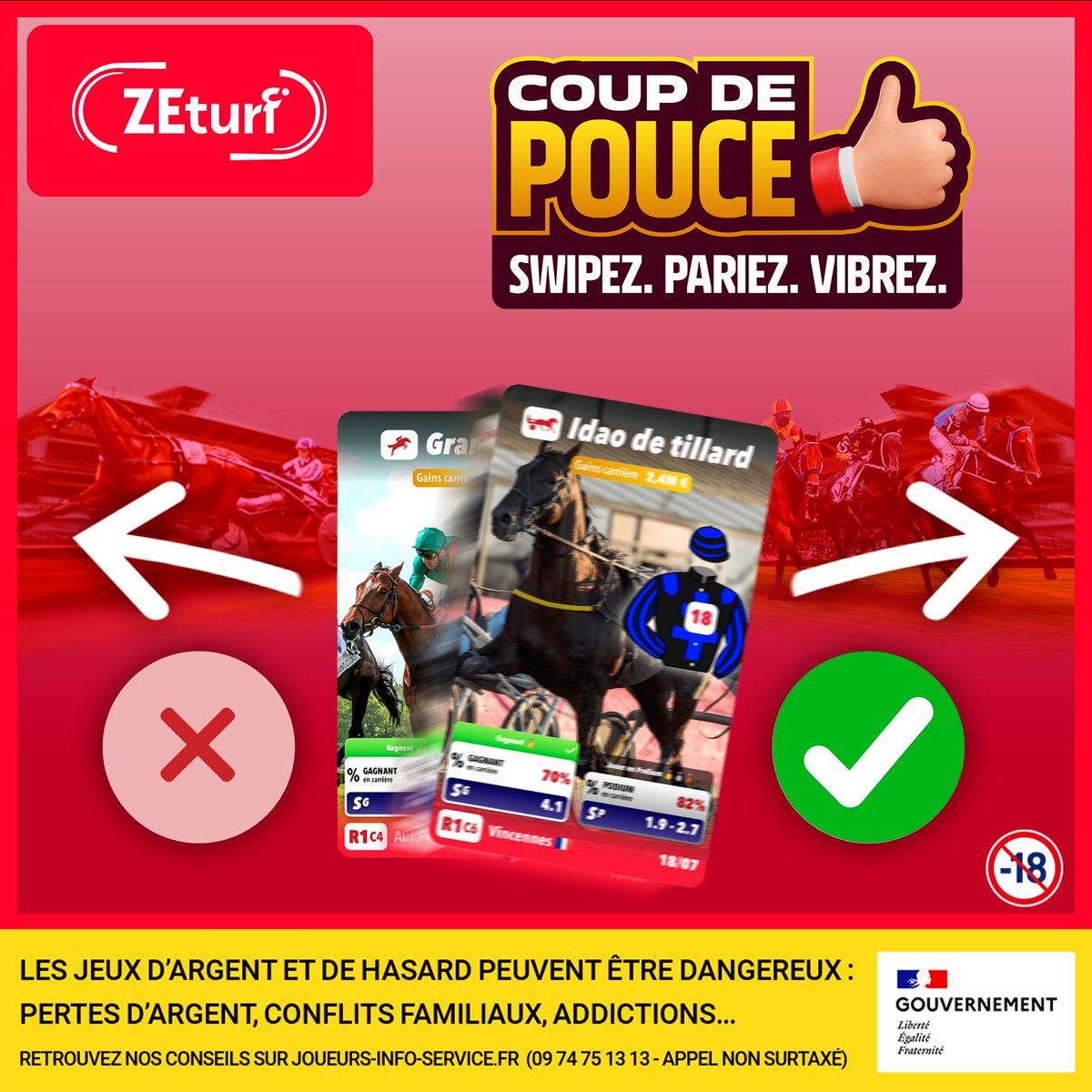 Swipez. Pariez. Vibrez. 📲

Les chevaux proposés sont sélectionnés en amont par nos experts et sont actualisés tout au long de la journée. 🔥

Le coup de pouce rend chaque course plus simple… et encore plus fun ! 😋