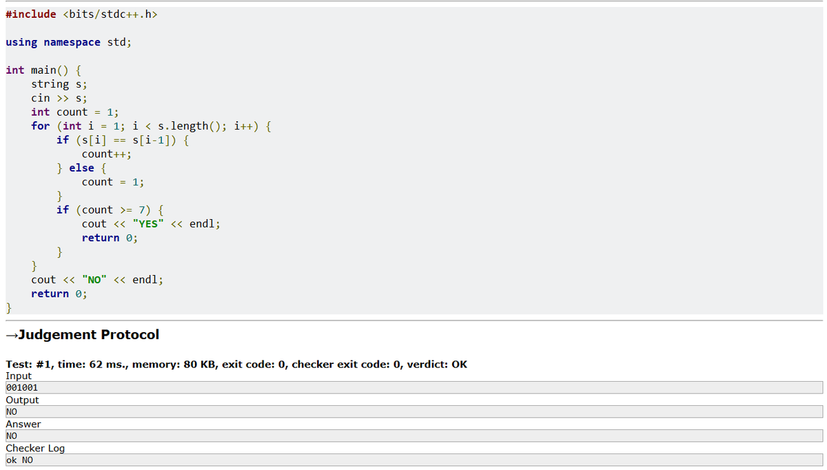 YashTripat11497's tweet photo. ✅ Day 26 Complete!
Solved CodeForces #96A – for #TeachersDayChallenge.
#DrGViswanathan #Day26 #CodingChallenge #43DaysOfCode #LeetCode #CodeForces https://t.co/SU0qjredkU