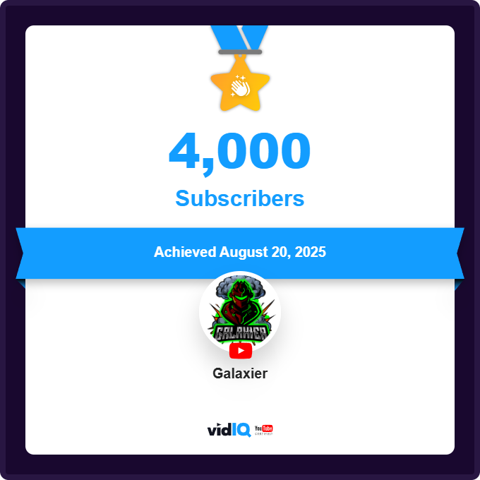 TheRealGalaxier's tweet photo. Crazy to think that only 3 months ago my channel was idleing at 1600 subs and lost the motivation to do anything with it.... And now looking amazing.

My YouTube channel achieved 4,000 Subscribers on August 20, 2025!

 @vidIQ #vidiq @EveOnline #tweetfleet https://t.co/kjhTSUSX2L