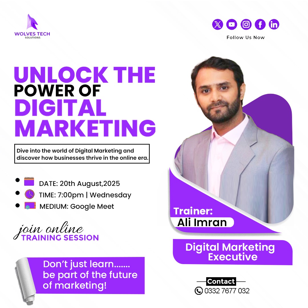 WolvesSolution's tweet image. *🚀 Unlock the Power of Digital Marketing! 🚀*
*📌 Topic:* Introduction to Digital Marketing
Speaker: Ali Imran
When: Wednesday | 7:00
Mode: Google Meet